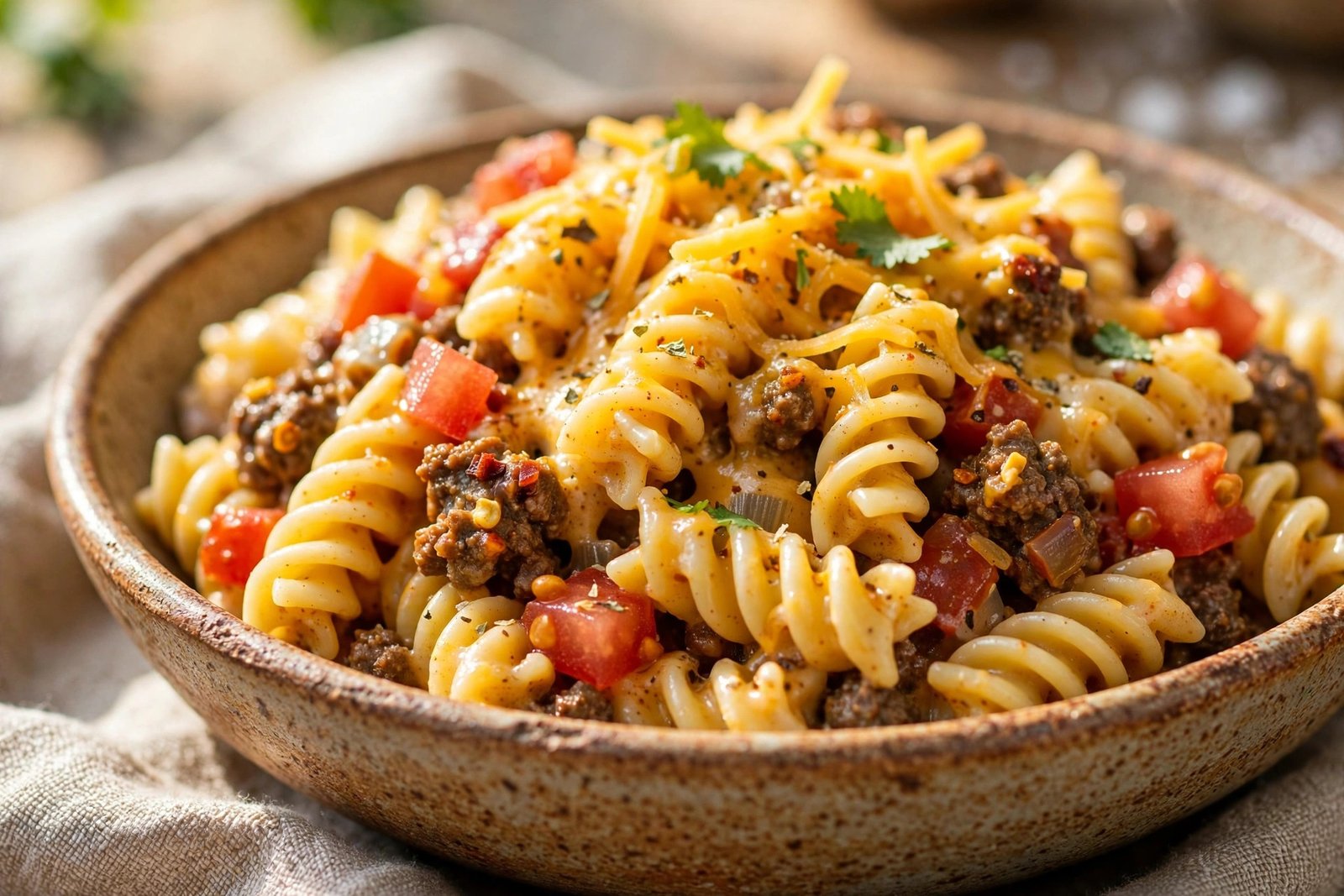 Cheesy taco pasta close-up