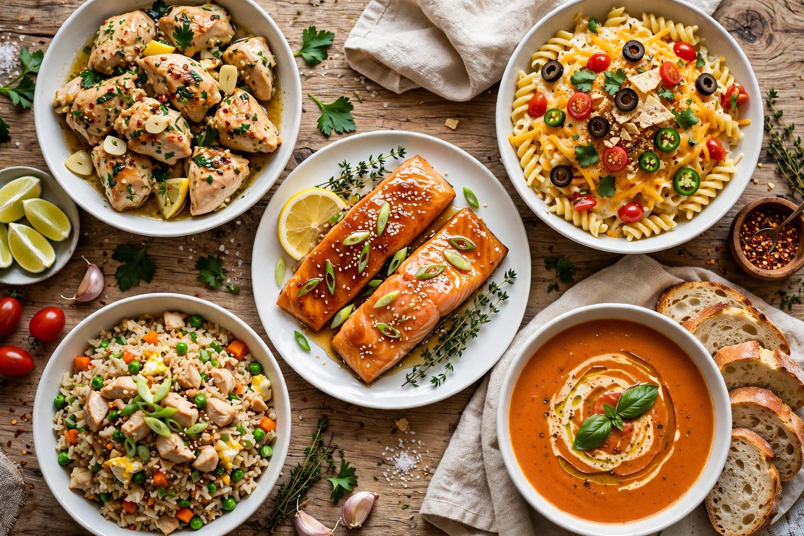 Flat-lay dinner table spread with 30-minute dinner recipes